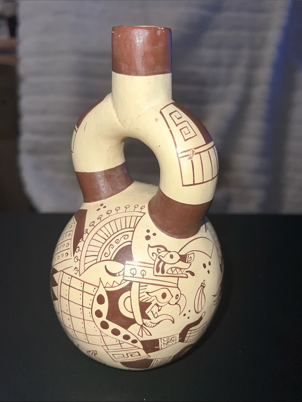 Vintage Tamaya Replica Moche Style Stirrup Spout Vessel Vase - Fox Warrior Decor